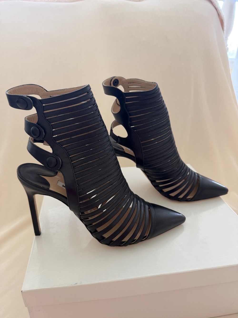 Manolo Blahnik Black Strappy Pointed Toe Stiletto Booties